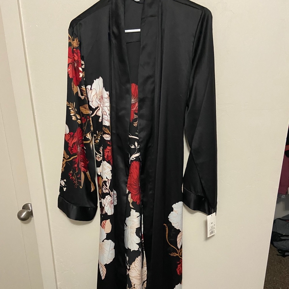 Brand New Floral and Black Silk Robe